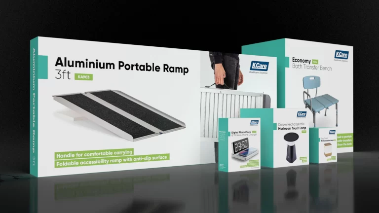 Collage of K Care packaging designed by Admedia, showcasing a range of products including ramp, bath bench, clock, and lamps, demonstrating branding and design services.