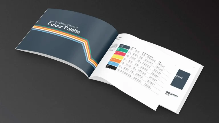 Admedia's design for Lee & Golding Electrical: an open brochure displaying the brand's colour palette, highlighting branding services.