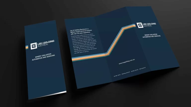 A Lee & Golding Electrical trifold brochure designed by Admedia, showcasing their winery evaluation and servicing, demonstrating design and content creation capabilities.