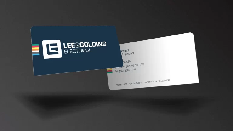 Lee & Golding Electrical business card design by Admedia, featuring their logo and brand colours, highlighting branding services.