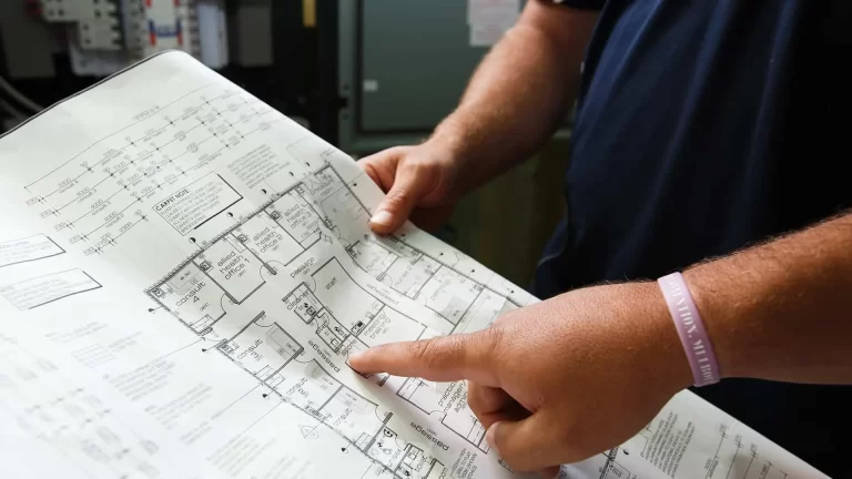 Admedia photography for Lee & Golding: an electrician reviewing electrical blueprints, highlighting the detailed planning involved in their services through content creation.