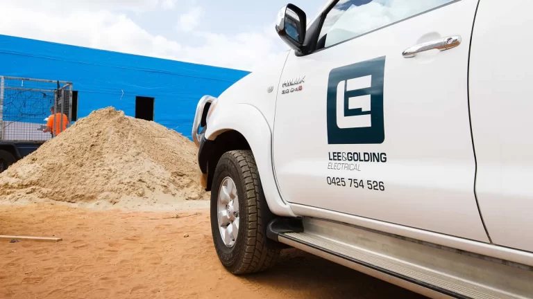 A Lee & Golding Electrical branded work vehicle, showcasing vehicle graphics as part of Admedia's branding and content creation services.