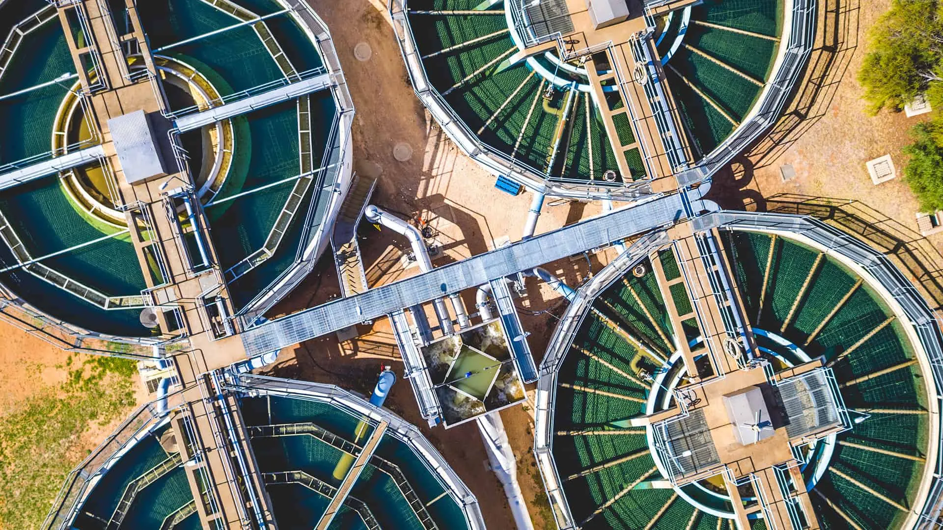 Aerial content creation by Admedia: an overhead view of Lower Murray Water's treatment plant featuring large circular filtration units.