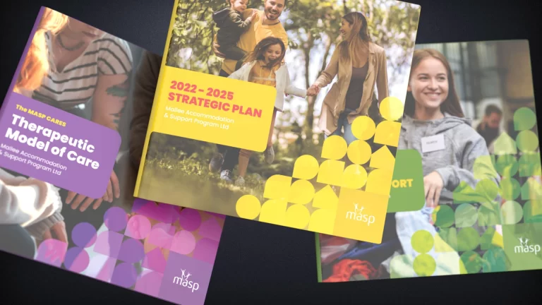 Colourful branded document covers designed by Admedia for Mallee Accommodation and Support Program