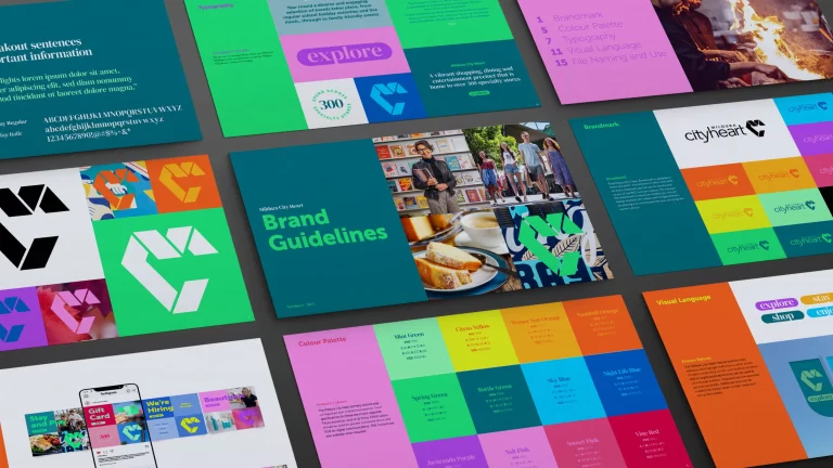 A collage displaying elements of the Mildura City Heart brand guidelines, designed by Admedia, including logo variations, typography, and colour palette.
