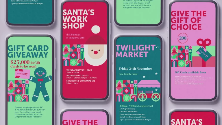 A display of Mildura City Heart Christmas social media posts on multiple phone screens, showcasing festive designs and content creation by Admedia.