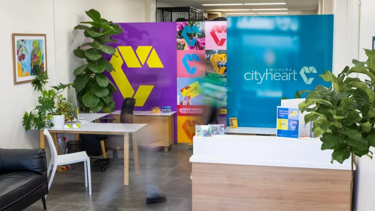 The rebranded interior of the Mildura City Heart office, showcasing new wall graphics and reception design by Admedia.