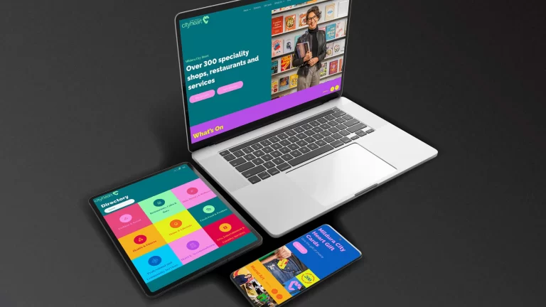 Admedia's web development and design for Mildura City Heart, showcasing the rebranded website on a laptop, tablet, and mobile phone.