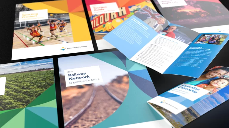 A collection of colourful branded documents designed by Admedia for Mildura Rural City Council