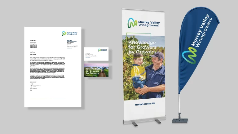 Murray Valley Winegrowers branding displayed on stationery and banners
