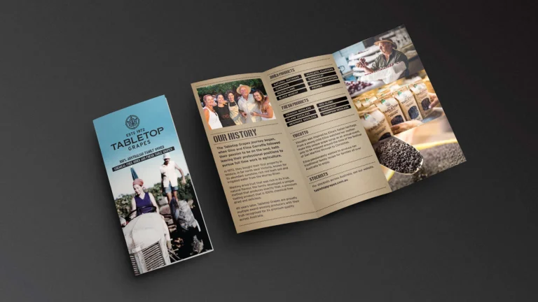 abletop Grapes tri-fold brochure featuring family history, vineyard photos, and product information with blue cover design