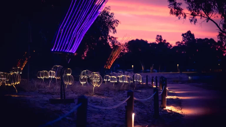 Cinematic video still by Admedia from the MRCC Trail of Lights, featuring light installations, purple laser effects, and a vibrant sunset.
