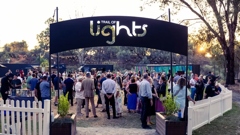 Admedia event photography capturing the bustling entrance and crowd at the MRCC Trail of Lights launch event in Mildura.