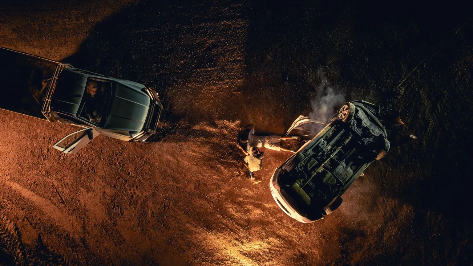 Aerial shot from Ryan Legal's TV ad campaign by Admedia, showing the aftermath of a car accident at night, highlighting the campaign's emotional impact.