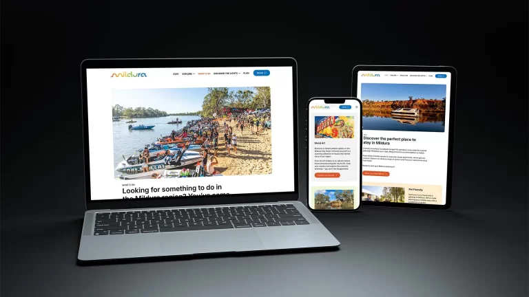 The Mildura.com tourism website, designed and developed by Admedia, displayed across a laptop, tablet, and smartphone to demonstrate responsive web development.