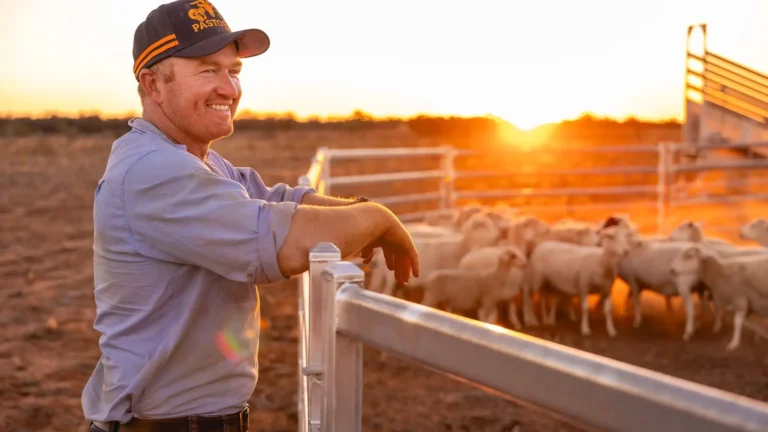 Farmer smiling at sunset while standing beside sheep in steel yards