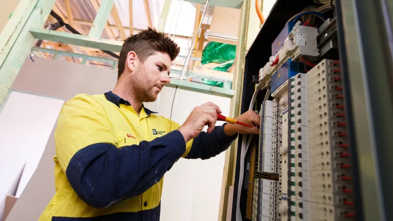Content creation by Admedia showcasing a Lee & Golding electrician working on a commercial power board.