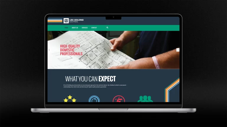 The Lee & Golding Electrical website, developed and designed by Admedia, shown on a laptop computer, showcasing web development and content creation services.