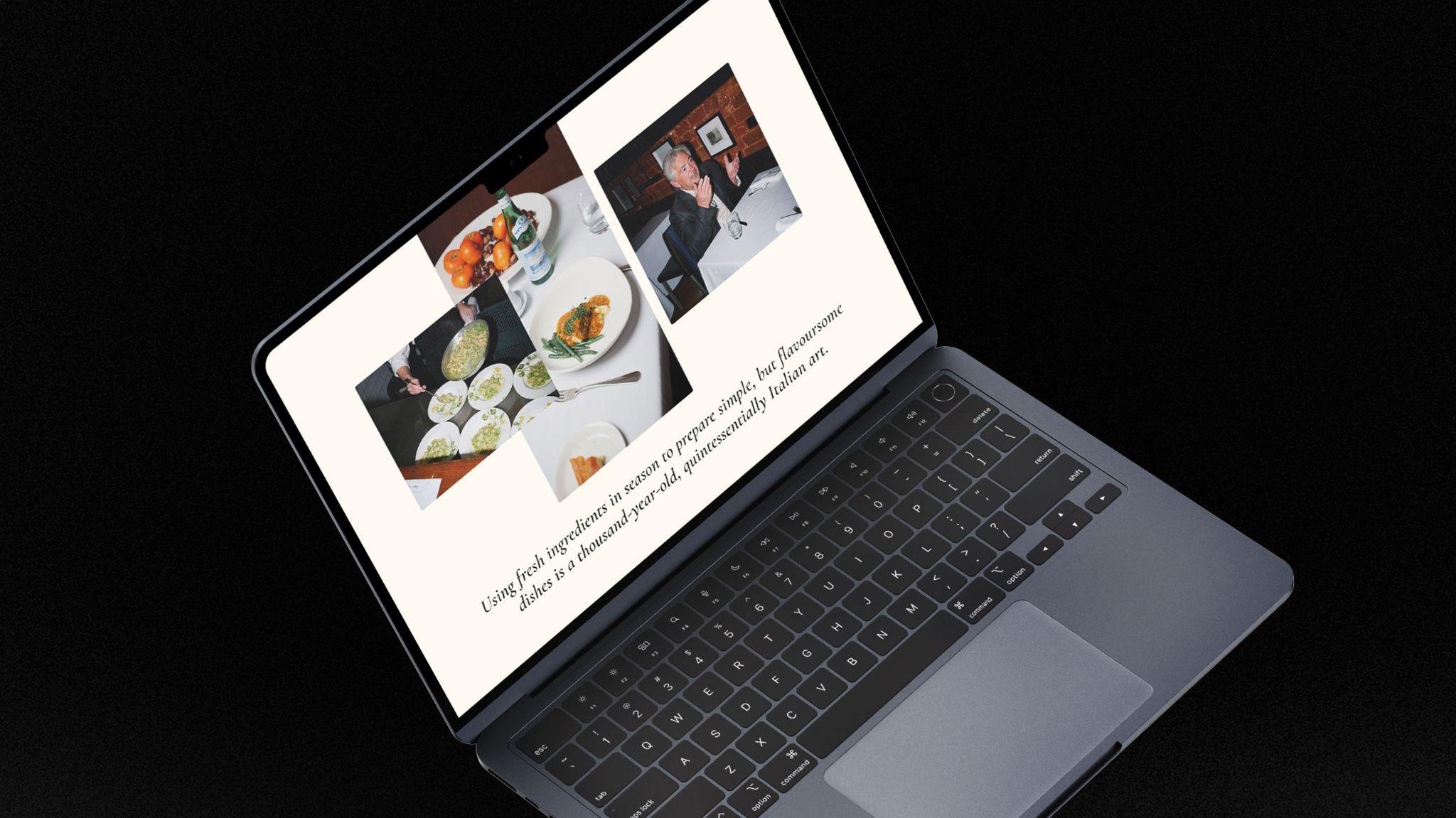 Laptop displaying Stefano's Restaurant hospitality website featuring images of chef Stefano de Pieri and gourmet Italian dishes